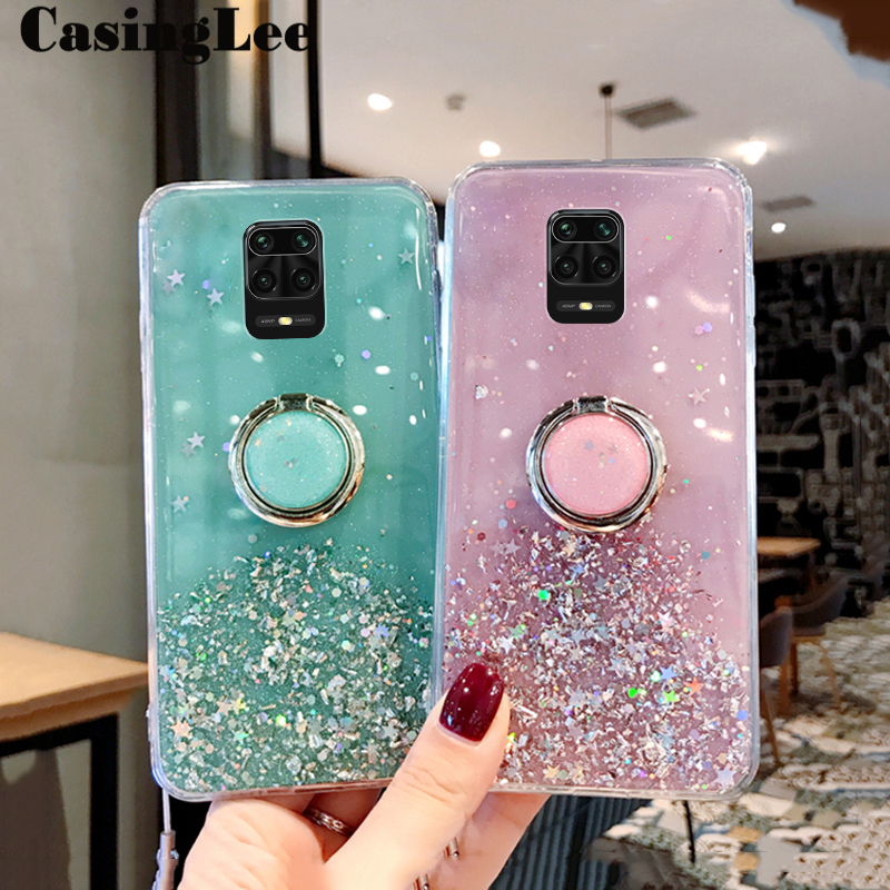 Casinglee for Redmi Note 9 Pro / Redmi Note 9 Pro Max case Shiny Ring Glitter Soft Transparent Holder Stand Back cover with String for Redmi Note9 Pro Max / Redmi Note9 Pro Phone cases cover Stars Moon Girls. 