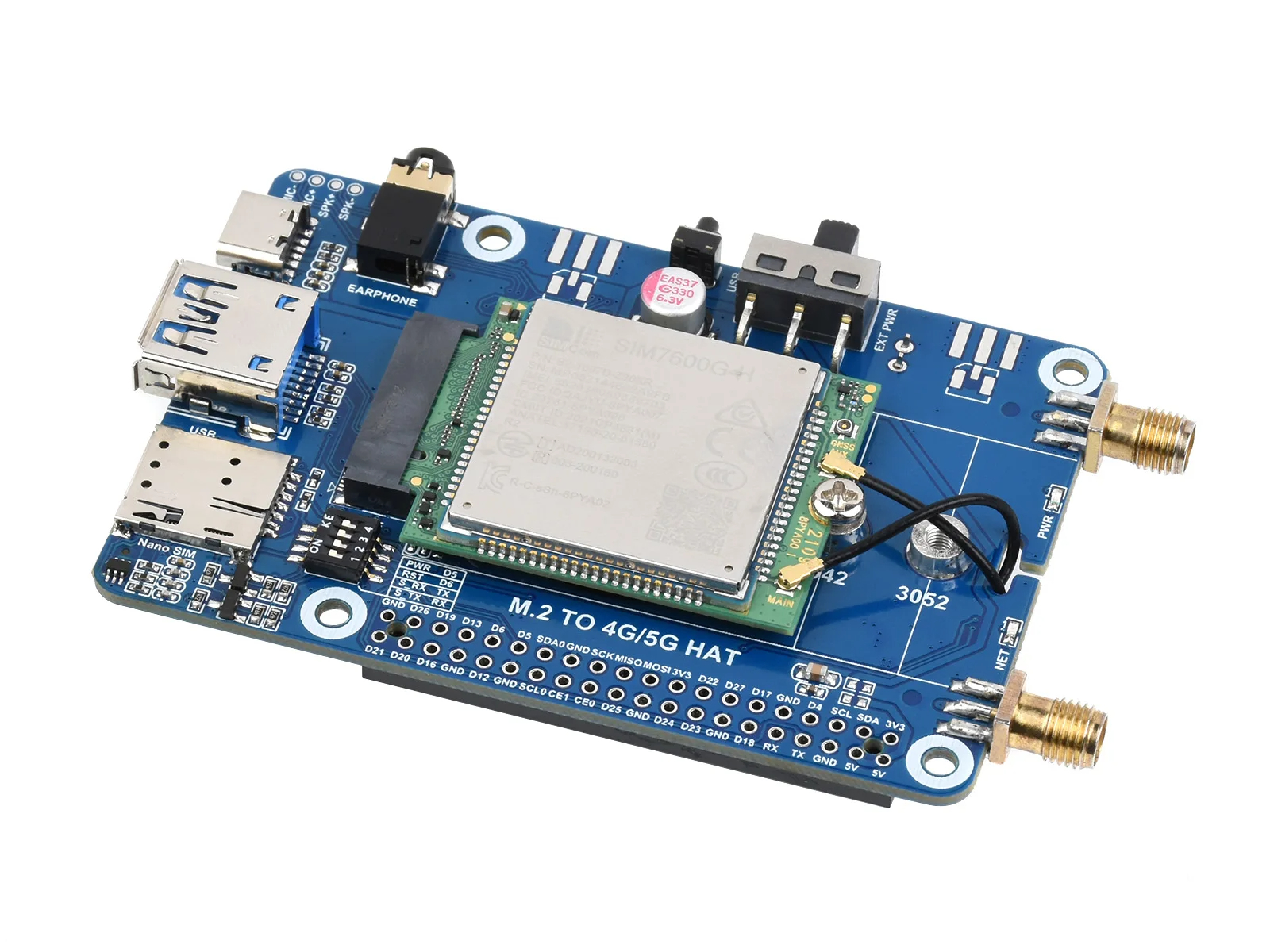 Waveshare SIM7600G-H M.2 4G HAT for Raspberry Pi, LTE CAT4 High Speed, 4G/3G/2G, GNSS, Global Band. 