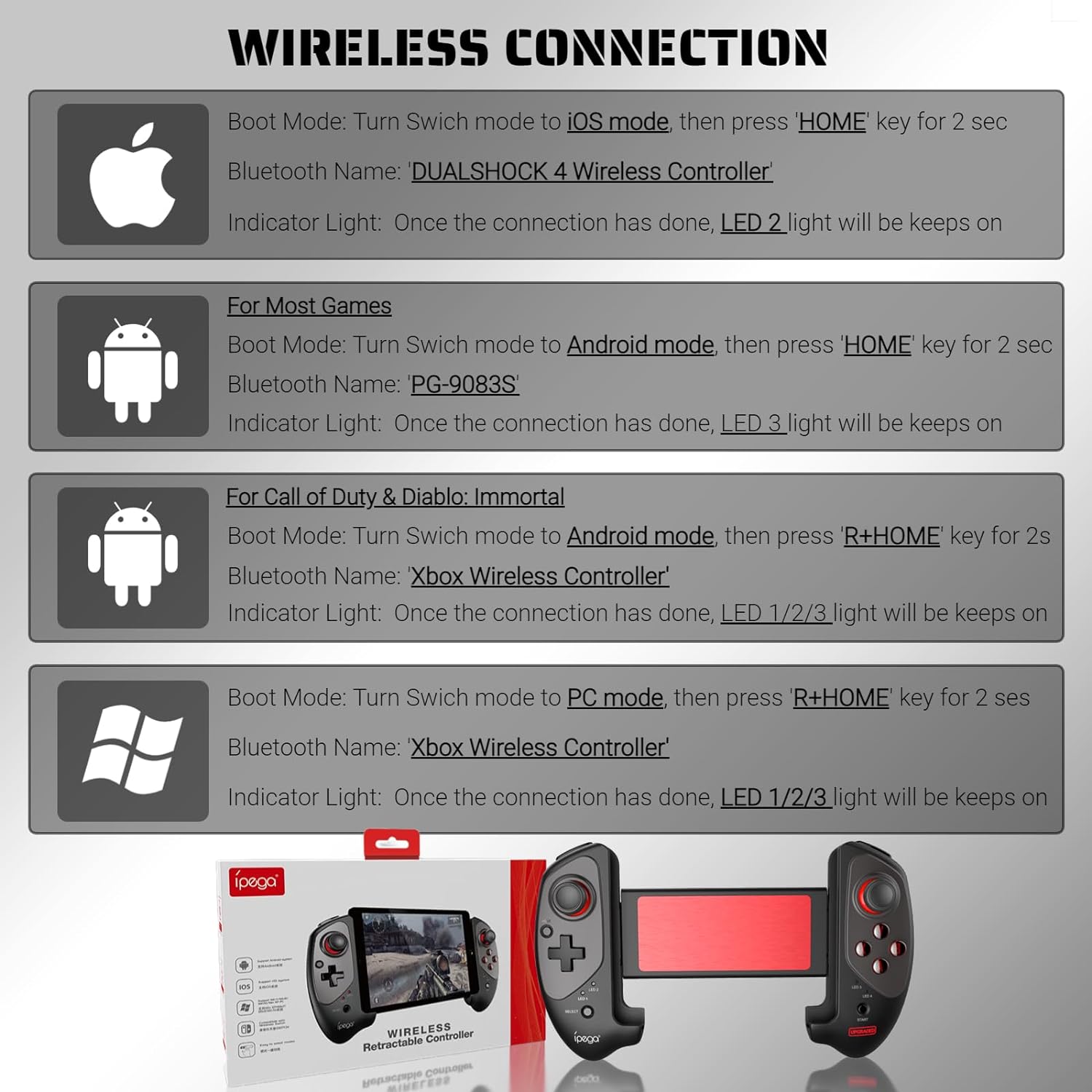 Ipega PG-9083S Game Controller Bluetooth Wireless Gamepad Controle Stretchable Joystick For iOS Android Phone Tablet TV Box PC. 