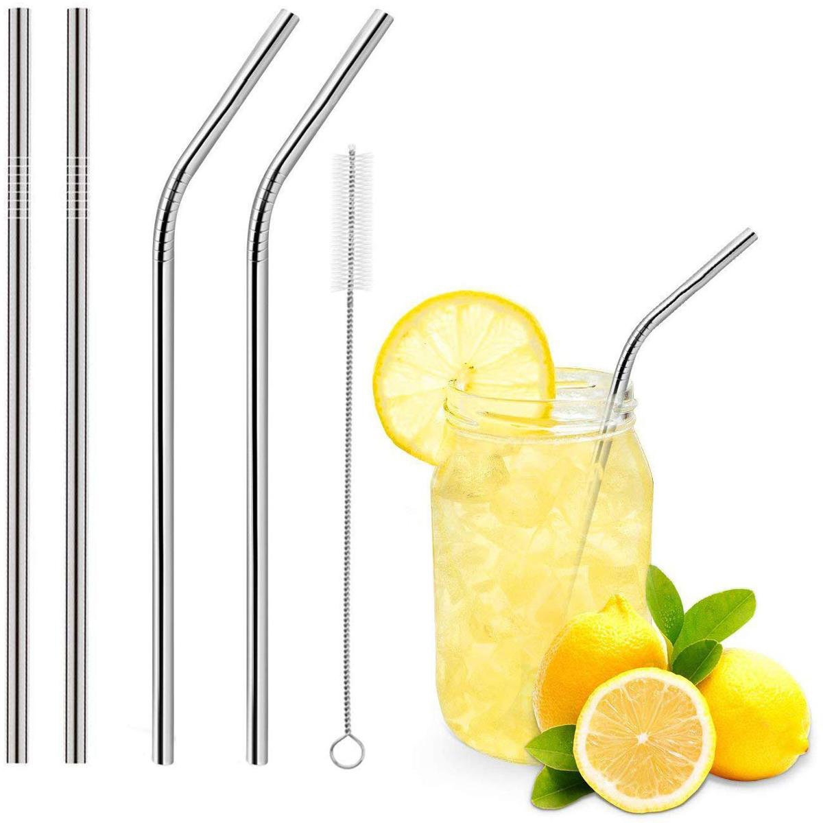 4 Pcs Reusable Stainless Steel Metal Drinking Straw Reusable Straws + 1 Cleaner Brush Kit - Go Eco-Friendly With Reusable Stainless Steel Straws Kit