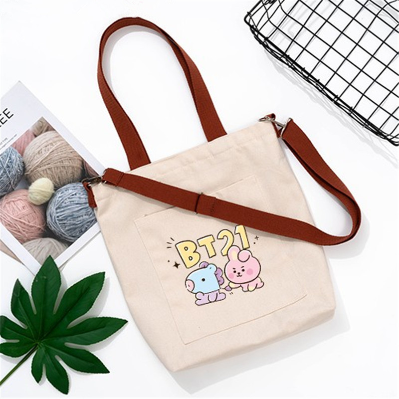 KPOP BT21 Cartoons Bag BTS Canvas Should Bag Detachable Shoulder Strap. 