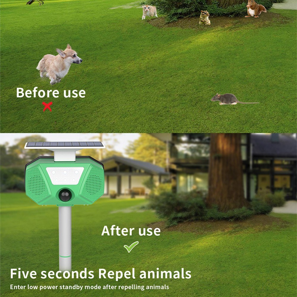 Solar Mole Repellent Ultrasonic Outdoor Pest Bird Squirrel Animal Repeller IP66 Waterproof 110° PIR Sensor Auto Motion Detection with Flash LEDs Voice Alarm Detachable Rod. 