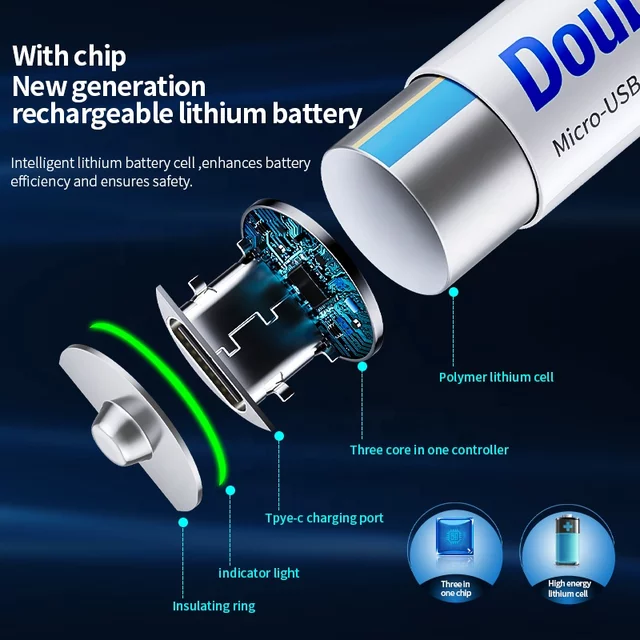 Doublepow Multipurpose Uses AA Size 1.5Volt 2400mWh Rechargeable Li-ion Battery with Built-in USB Type-C Fast Charging Port & LED Indicator (Point Top) - 1 Piece. 