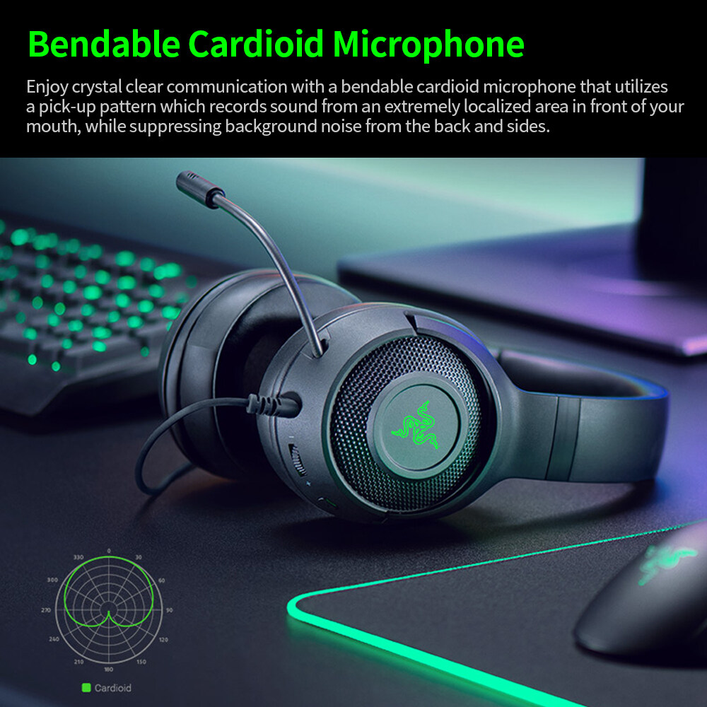 Razer Kraken X-USB Gaming Headset Earphone 7.1 Surround Sound Ultra Light Headphone Bendable Cardioid Microphone Custom-Tuned 40mm Drivers. 