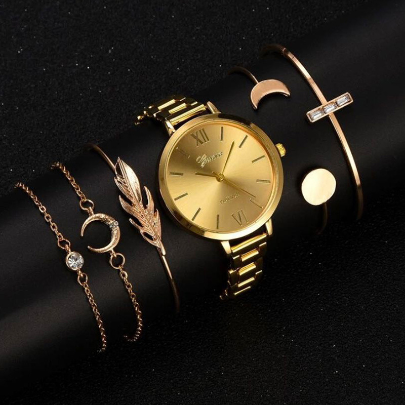 New Fashion Simple Trendy Versatile Personality Casual Simple Steel Belt Quartz Watch + Bracelet (6pc/et)
