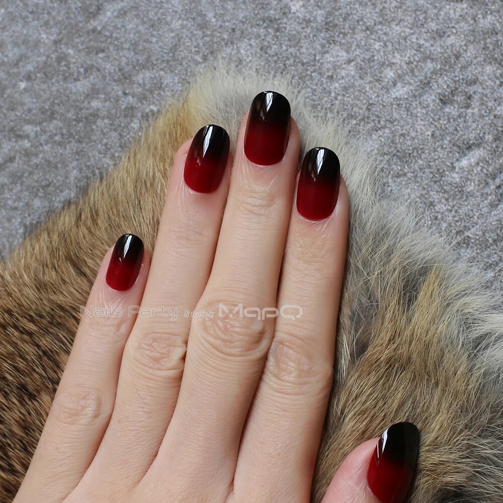 Oval nails Red and black Ombre Gothic Medium shape Vampire color Glossy Press on nails. 