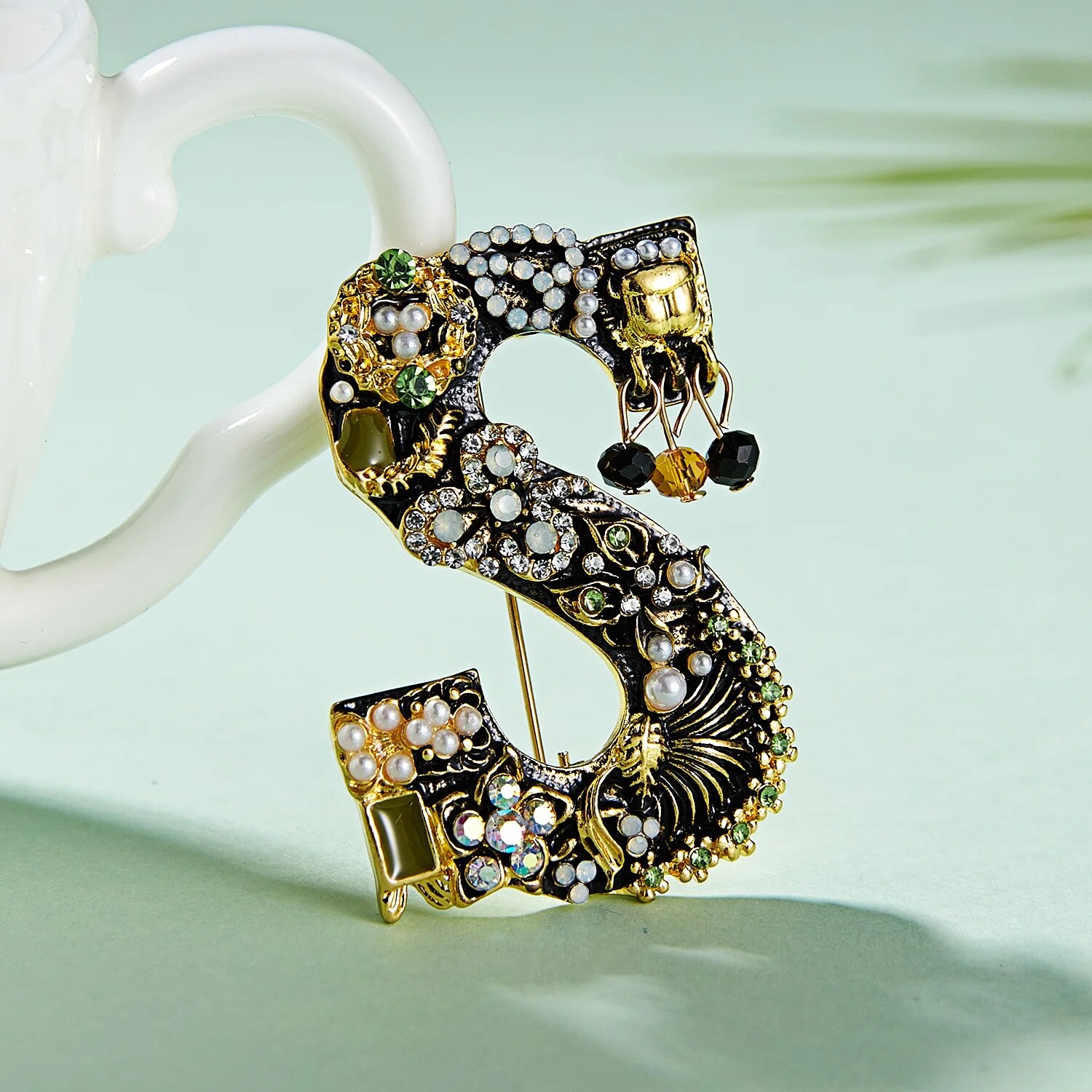 Rinhoo Unique Design Initial Name A D G M S Letters Brooches Women Baroque Imitation Pearl Crystal English Alphabet Pins Jewelry. 