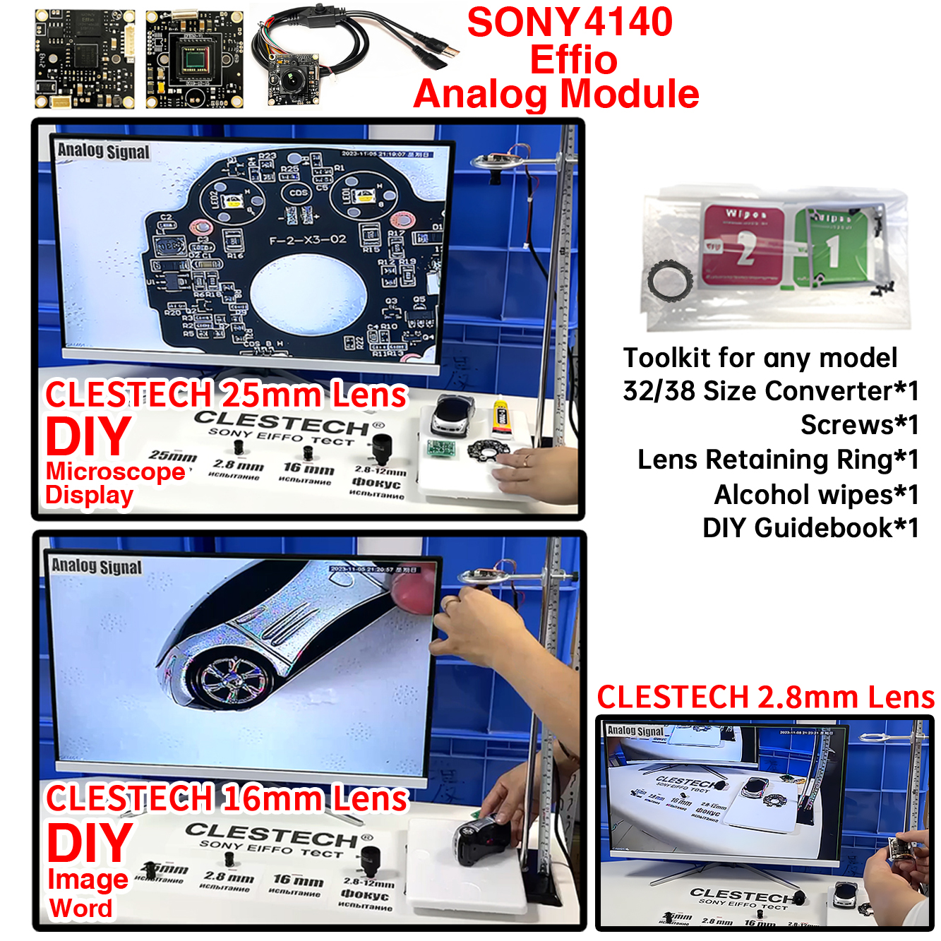 CLESTECH SONY EFFIO CCD 4140+673 800TVL Chip Module Analog CCTV CAMERA 32*32mm Microscope DIY Osd Menu Cable Full Set TV Monitor. 