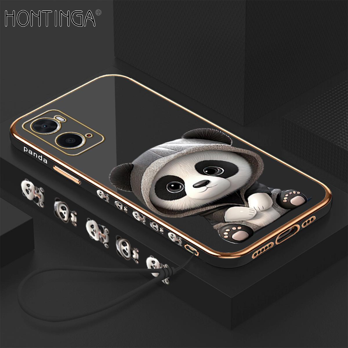 Hontinga for OPPO A76 A36 Back Cover With Free Strap Luxury 6D Plating Cute Panda Side Pattern Case Soft Silicone Square Mobile Cover
