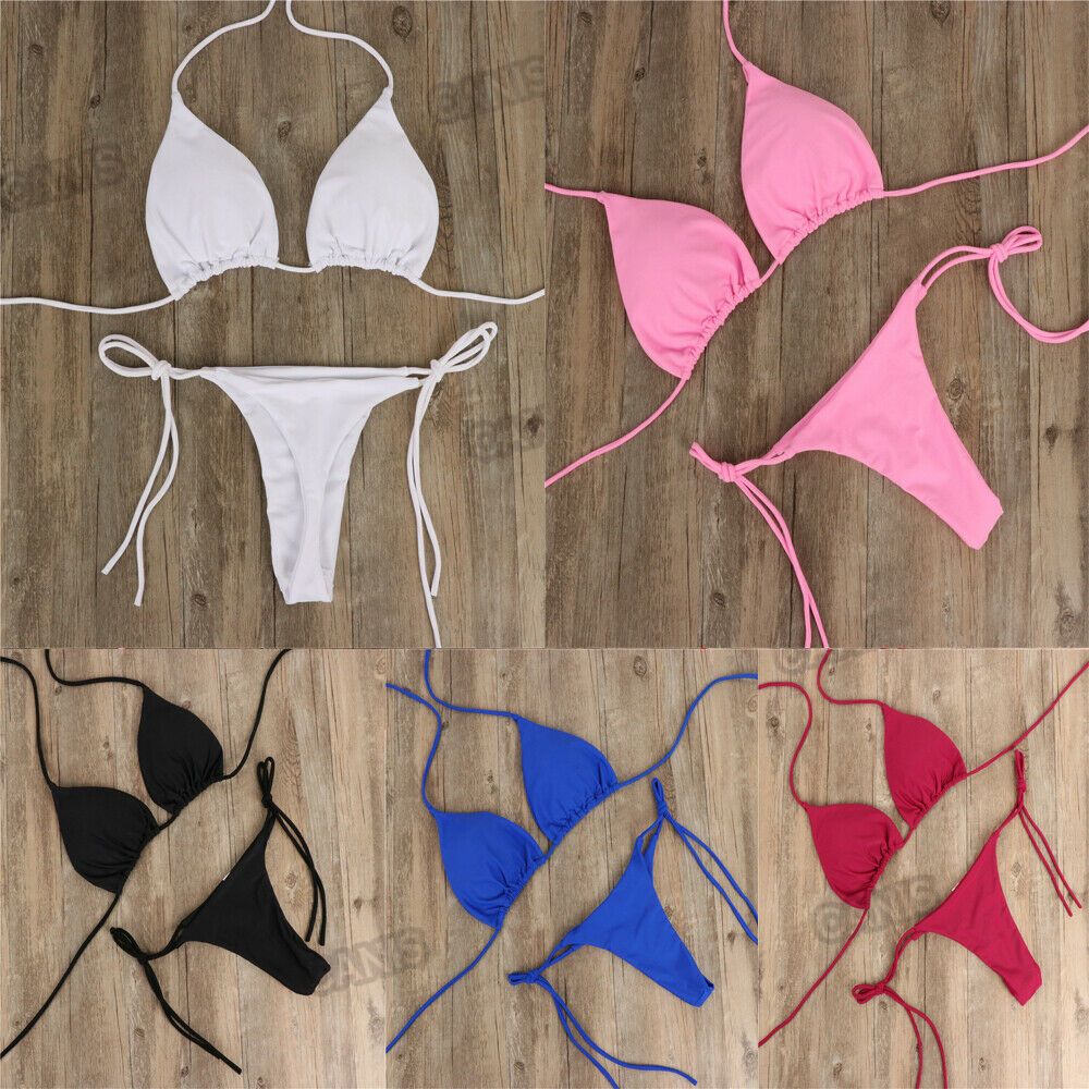 Solid Color Adjustable Backless Side Tie G-string Thong Split Bikini Set Brazlian Swimwear Swimsuit Bathing Suit. 