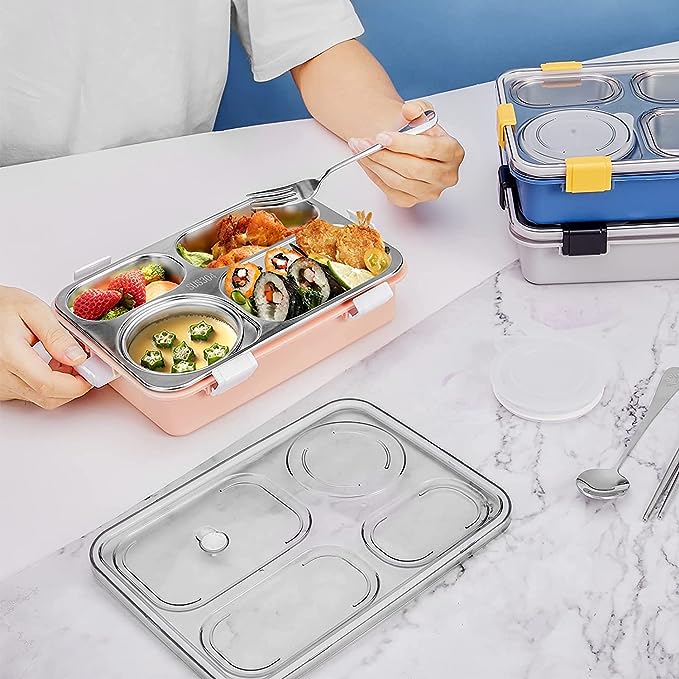 Brand Conquer Lunch Boxes for Adults - Lunch Box for Kids with Spoon & Fork - Durable Perfect Size for On-The-Go Meal, BPA-Free and Food 4 Compartment Stainless Steel (Random Color). 