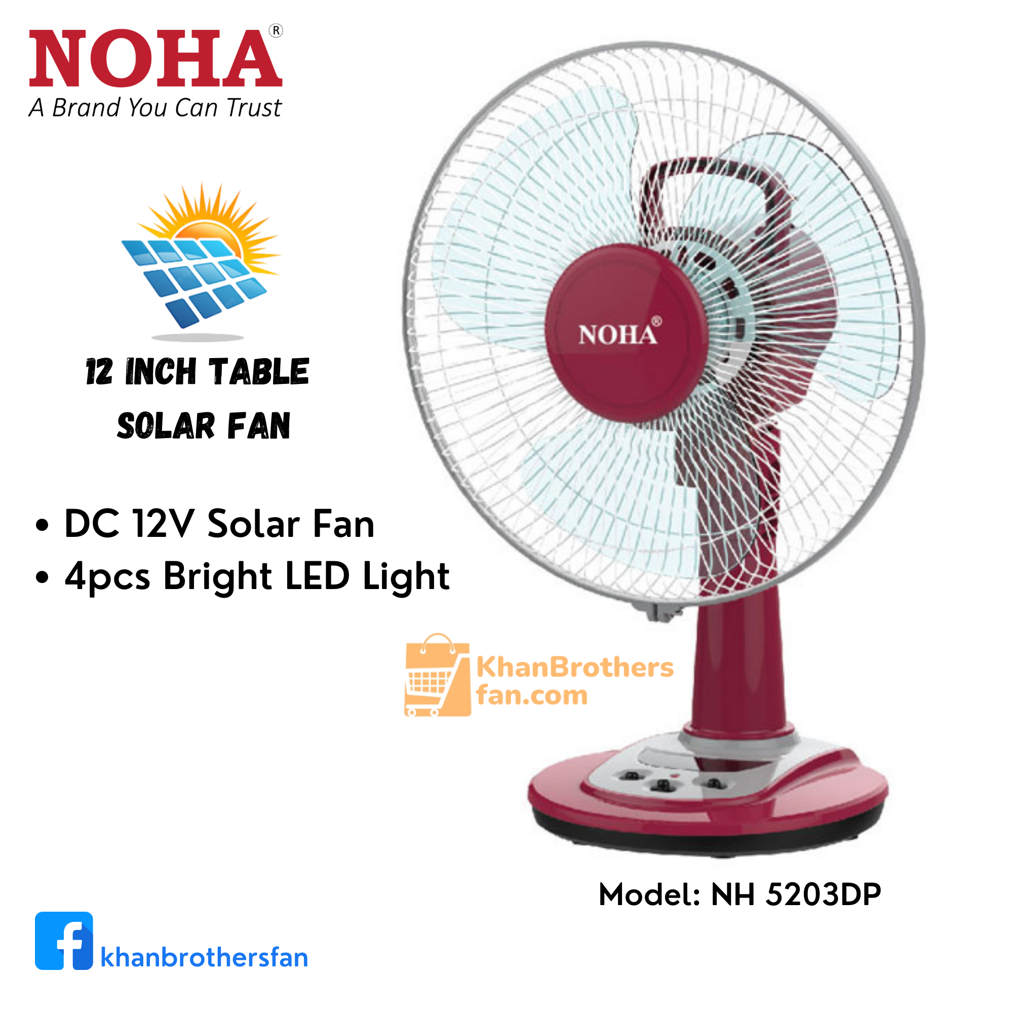 NOHA 12 inch Table Solar fan/ 12v DC fan/ Model NH 5203DP