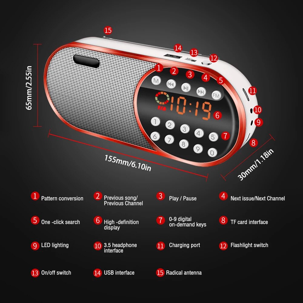 Portable Mini FM Radio Wireless Bluetooth 5.0 Speakers TF||USB||LED Flashling Function Support 3.5mm Earphone MP3 Player. 