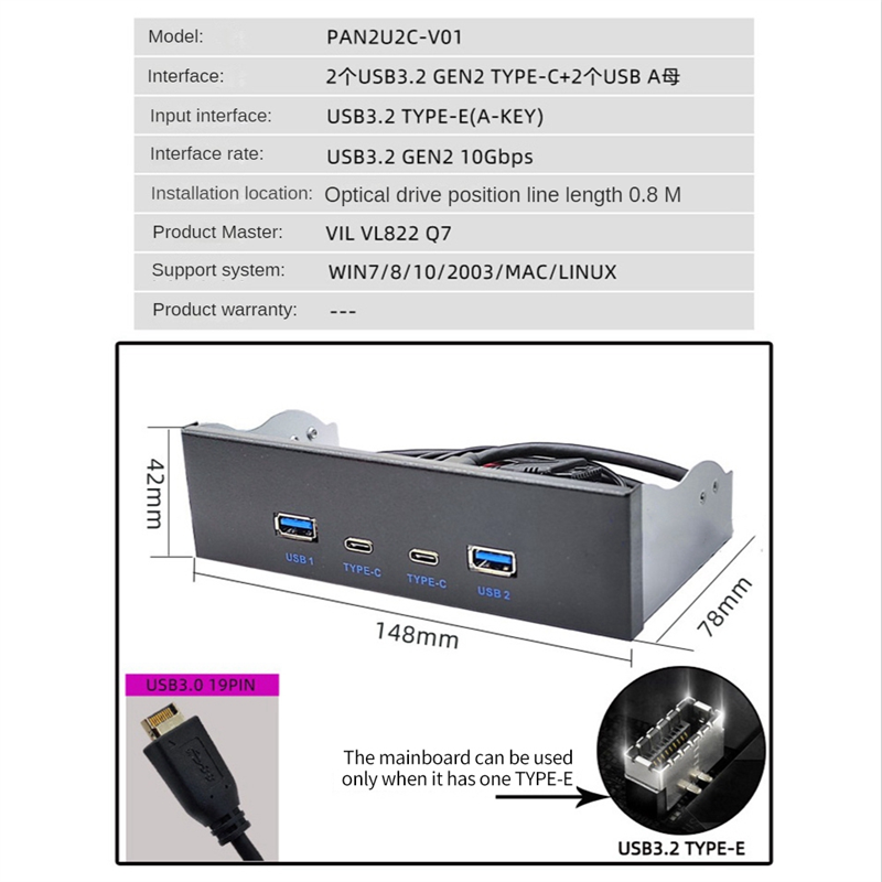 USB3.2 TYPE-C Optical Drive Panel 2X USB GEN2+2X TYPE-C 3.5-Inch 5.25-Inch HUB 19PIN to C-Port Front Back Plug. 