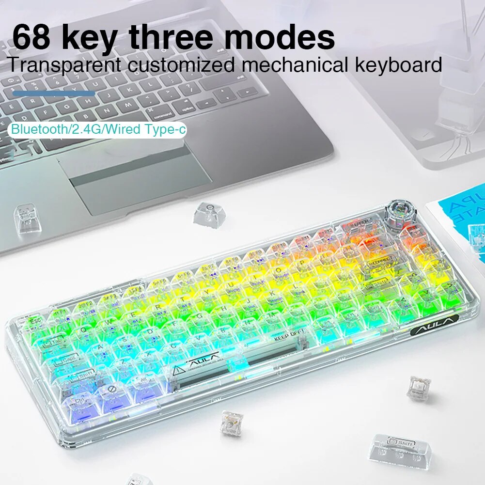 AULA F68 Bluetooth Mechanical Keyboard - 68 Keys with Hotswap and Transparent Keycaps