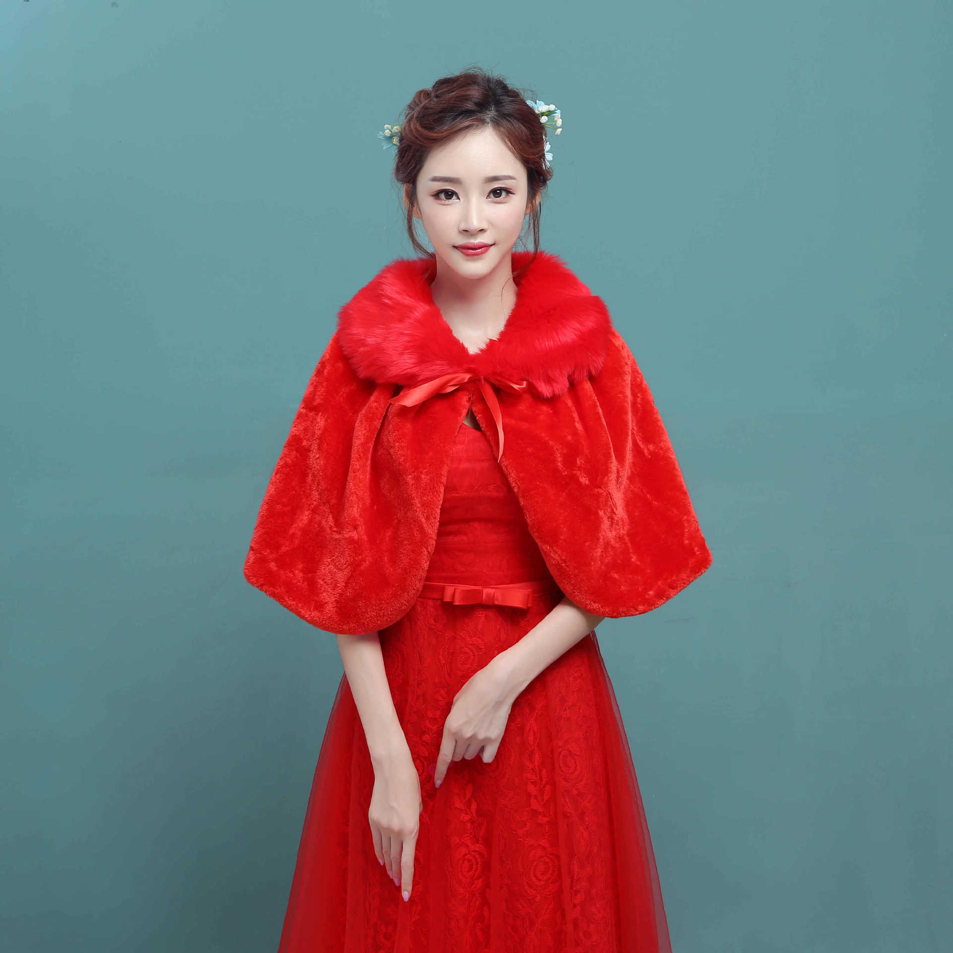 bride wedding wool shawl white red cloak fur jacket bridesmaid autumn and winter warm thickened coat etiquette wholesale