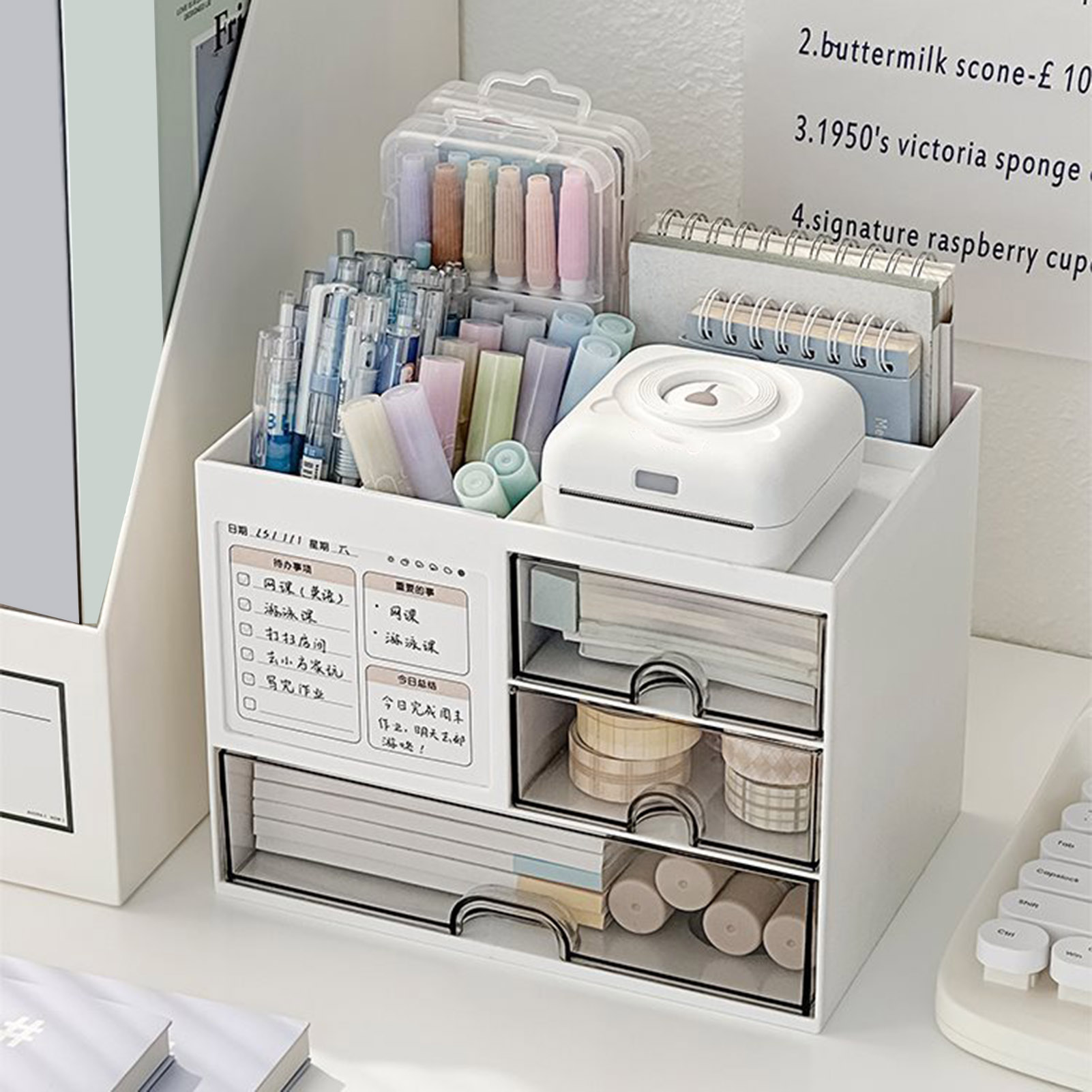Multifunctional Desk Organizer Large Capacity Desk Organizer with Drawer Pen Holder Multi-compartment Storage Case for Office Supplies. 
