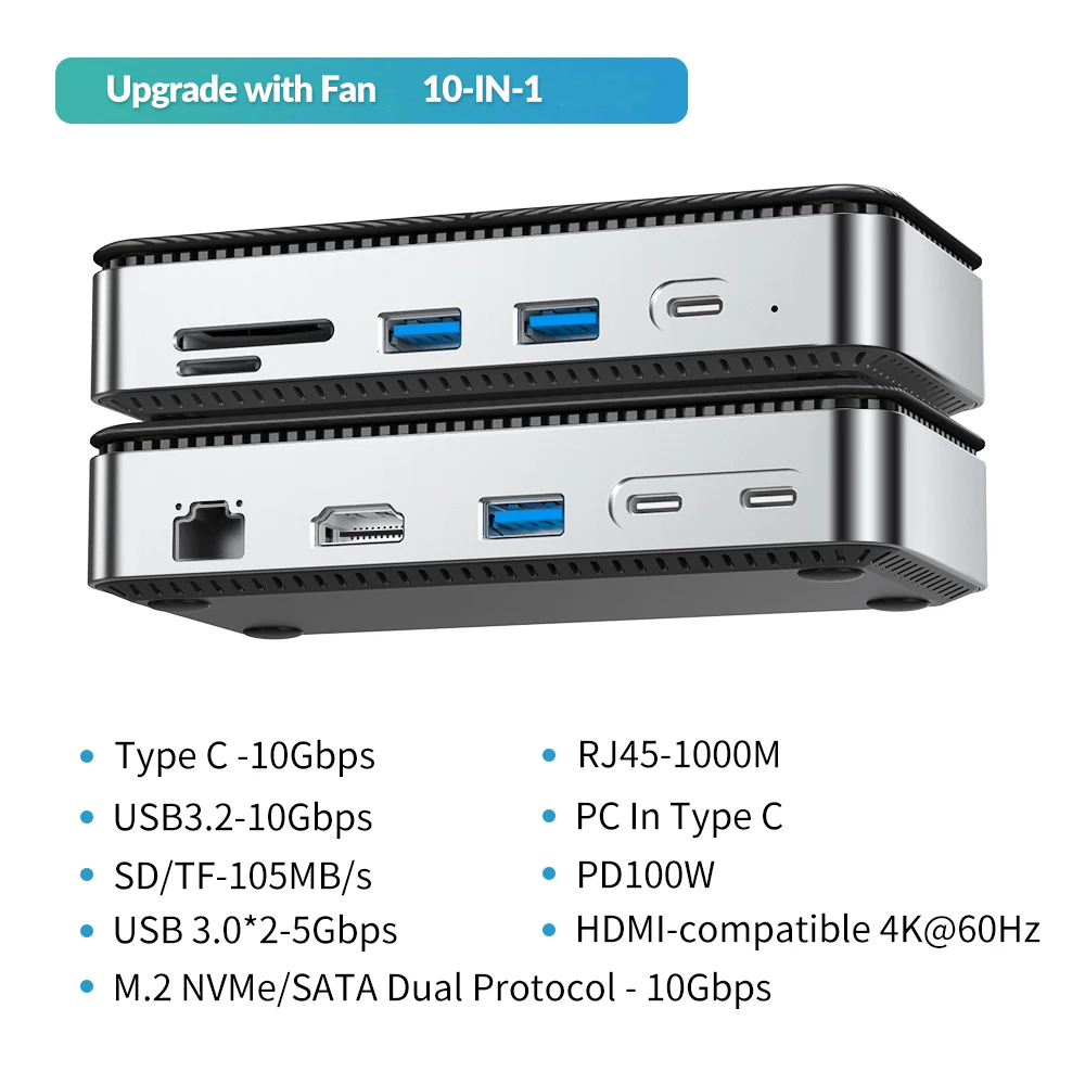 Yottamaster USB C HUB with Cooling Fan M.2 NVMe SATA SSD Enclosure External 10Gbps 4K 60Hz HDMI-Com RJ45 SD/TF Docking Station. 