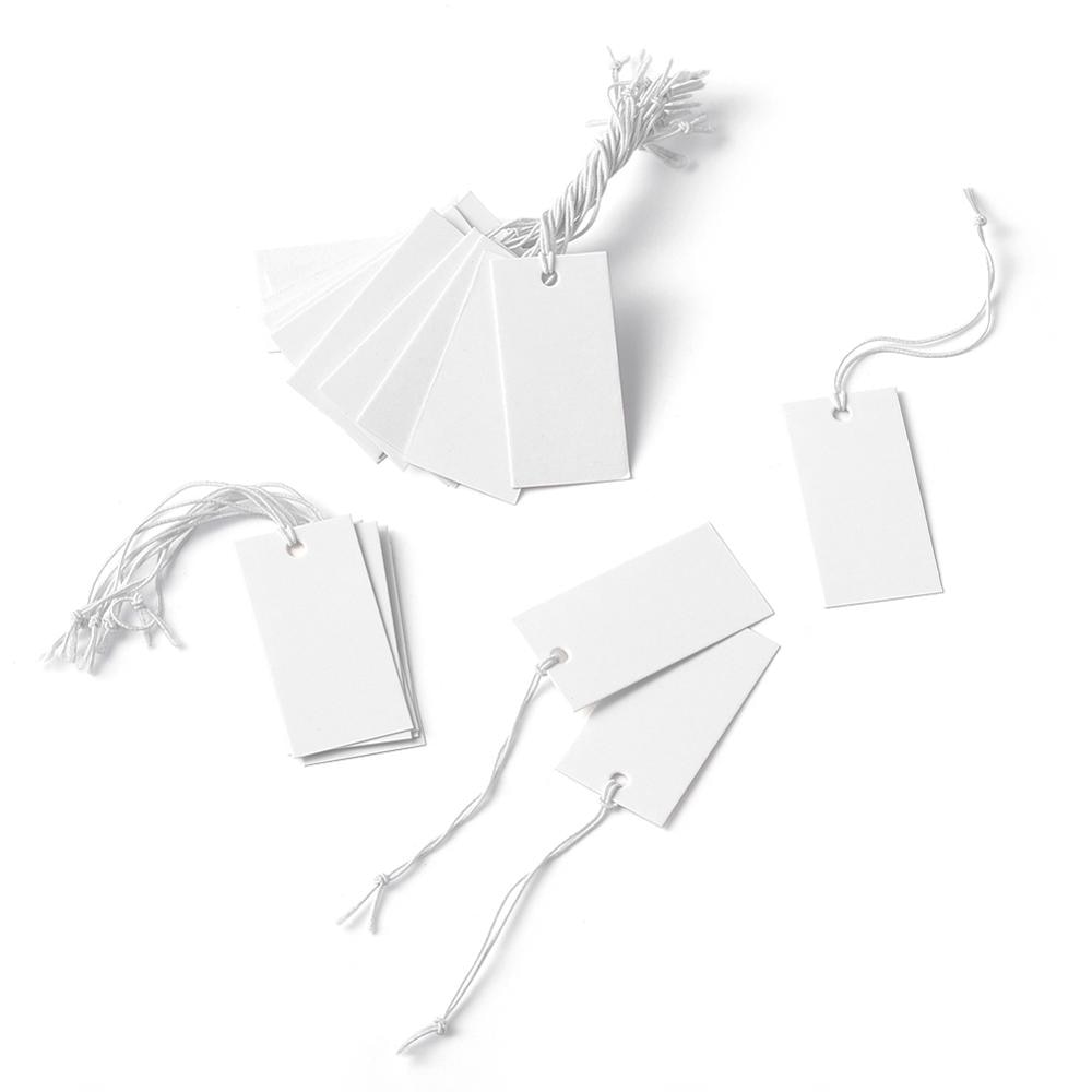 100pcs Rectangle Paper Price Cards String Cord Price Tags White Blank Label Jewelry Display Card Package Hang Tag Card
