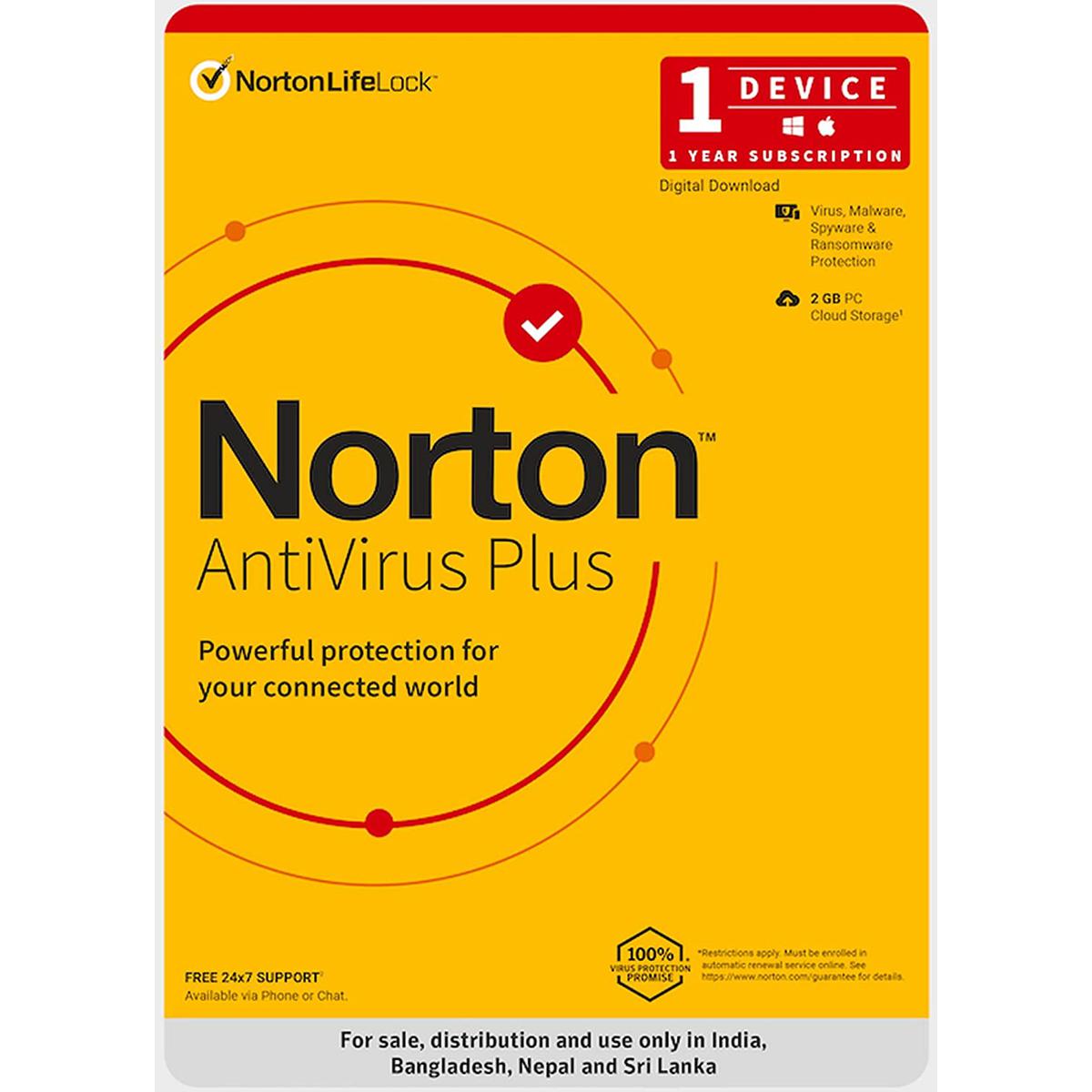 Norton Antivirus Plus - Device Security, 2GB Cloud Backup - 1 Device (Windows/MacOS) - 1 Year