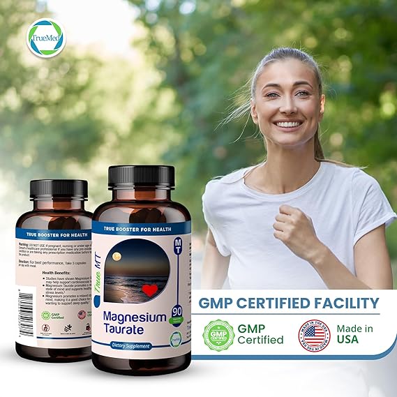 Truemed Organic Magnesium Taurate 1500mg – High Absorption Supplement for Heart, Stress, Sleep & Nerve Support – 90 Veg Capsules – Made in USA. 