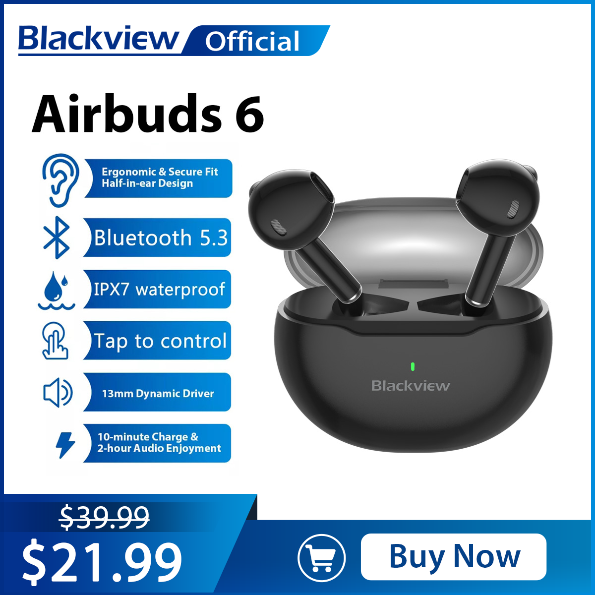 Blackview Heasets AirBuds 6 Bluetooth 5.3 Headset TWS Wireless Earphones Touch Control Headphone With Microphone
