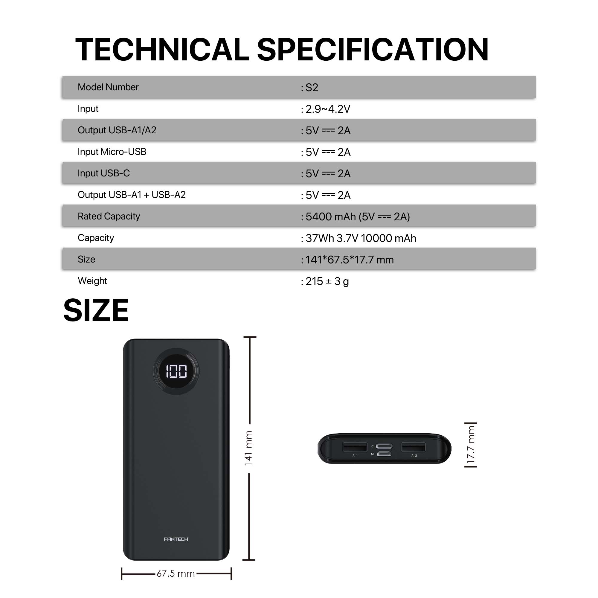FANTECH S2 PowerBank 10000mAh Slim Mini Type C Micro Dual Output 10W Safe Reliable High-Speed Charge PowerPack Portable Power Bank. 