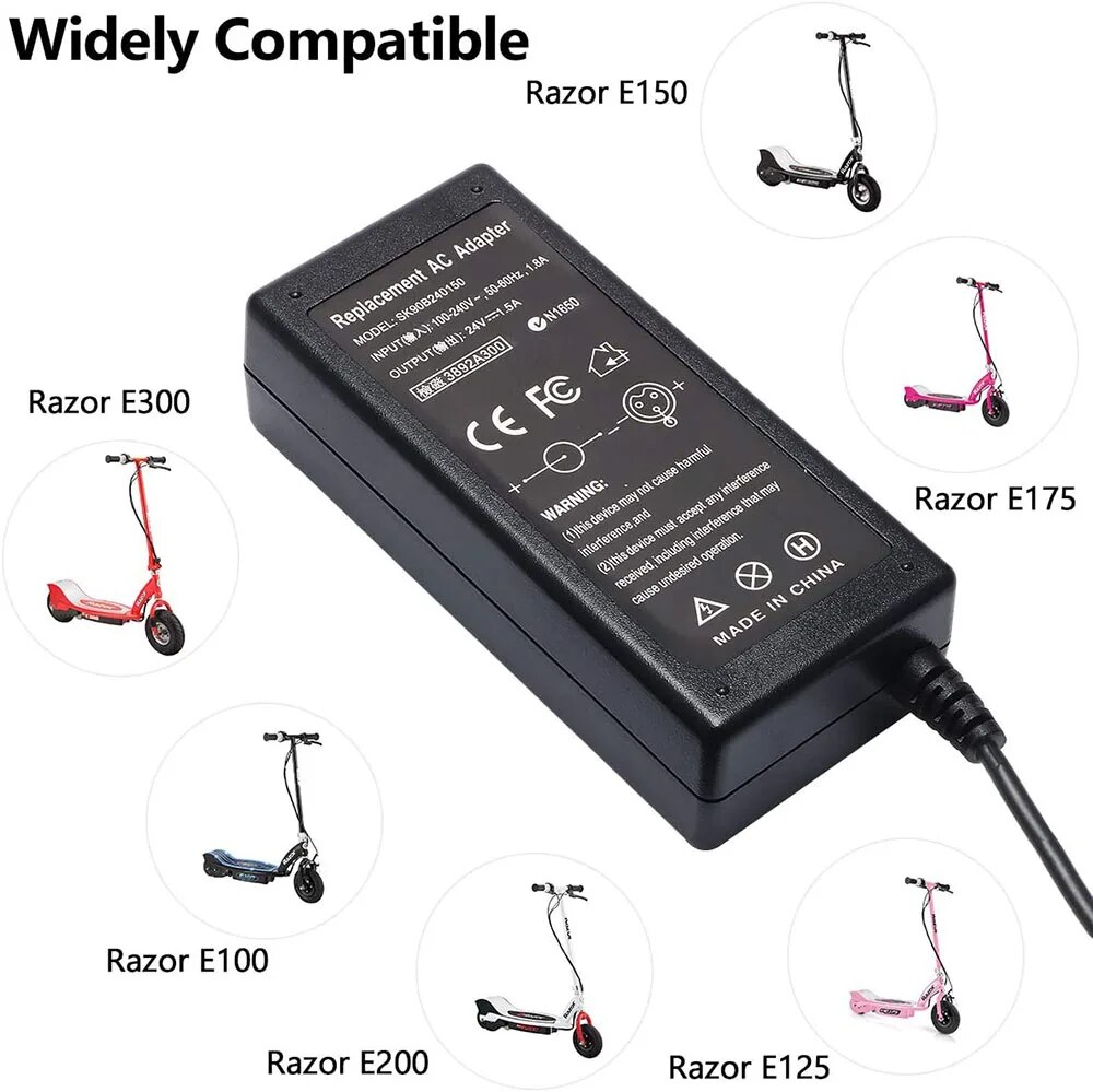 24V 3A 5A Battery Charger for Razor E200, E300, PR200, Pocket Mod, Sports Mod, and Dirt Quad, Replace for Part# W13112099014. 