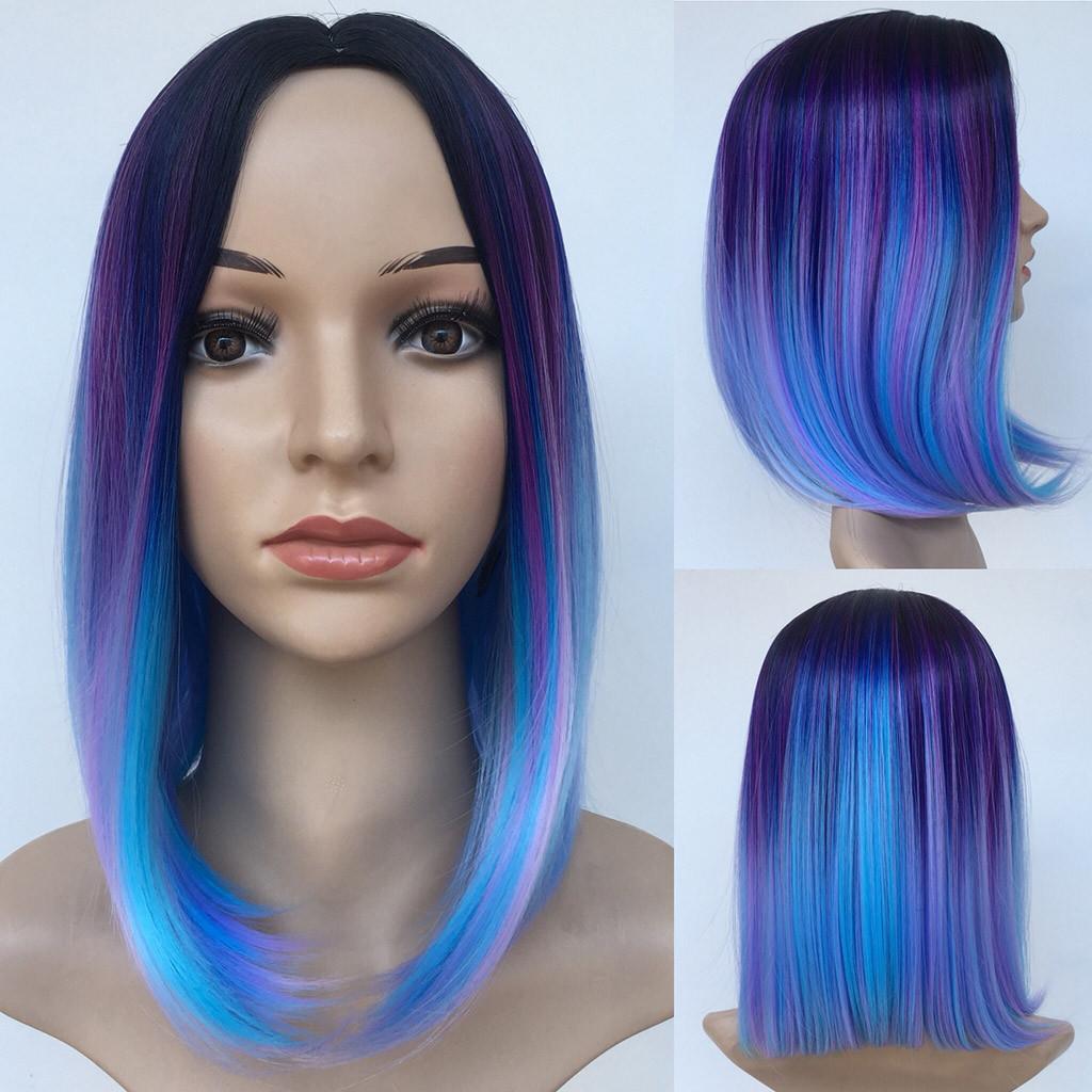 Women Wig Synthetic Pretty Dyeing Gradient Bob Blue Purple Color