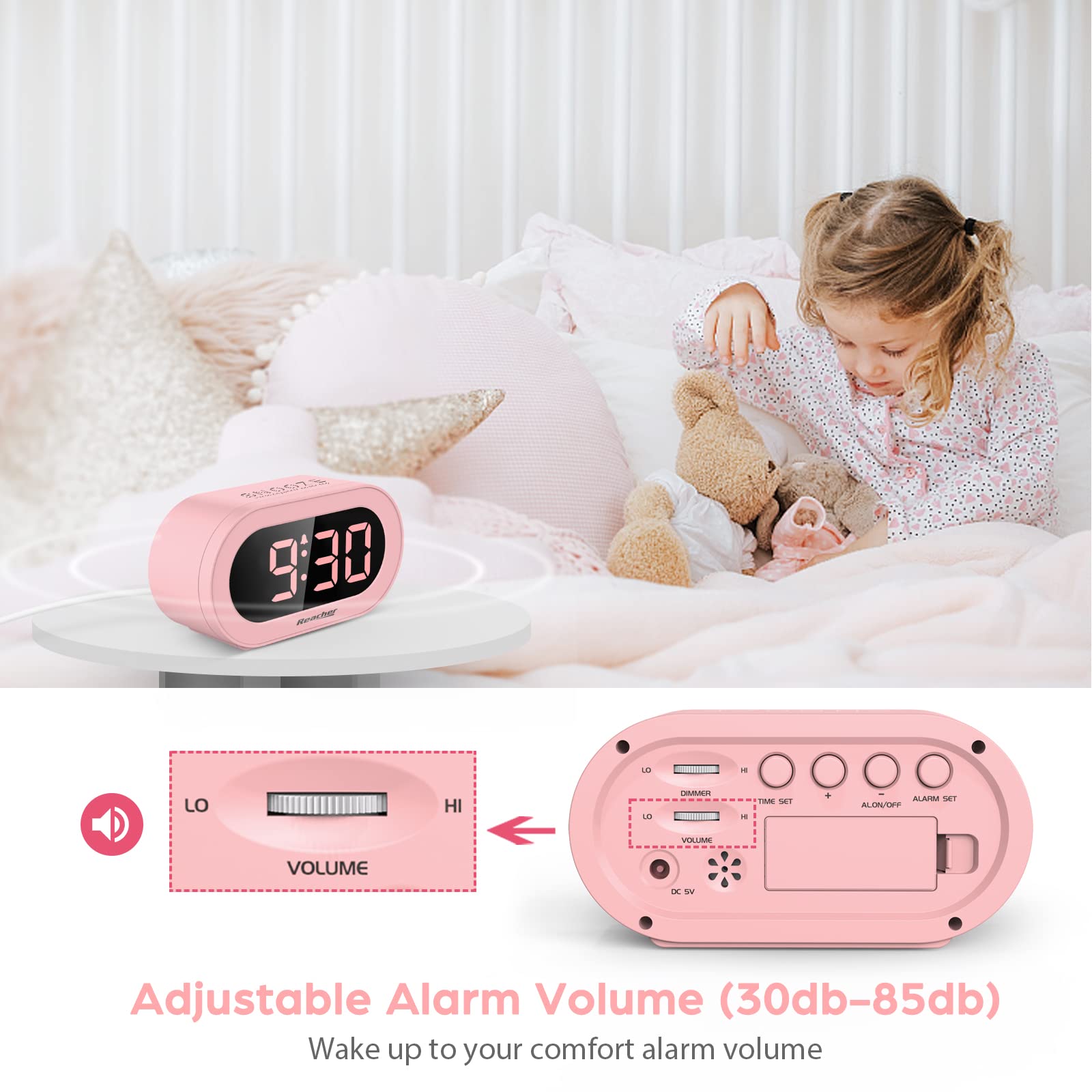 Pink alarm clock for girls for children's bedroom, dimmable digital LED display, powered by outlet, adjustable volume, easy to use, small size - American. 