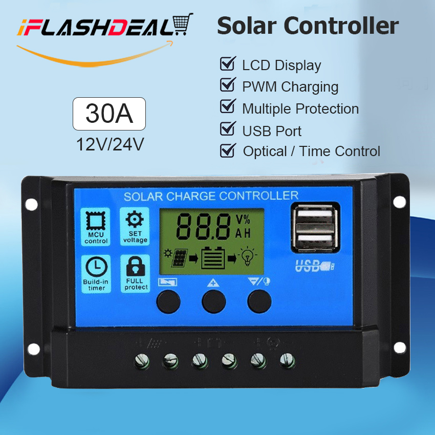 iFlashDeaal 30A Solar Charge Controller Solar Panel Controller 12V/24V ...