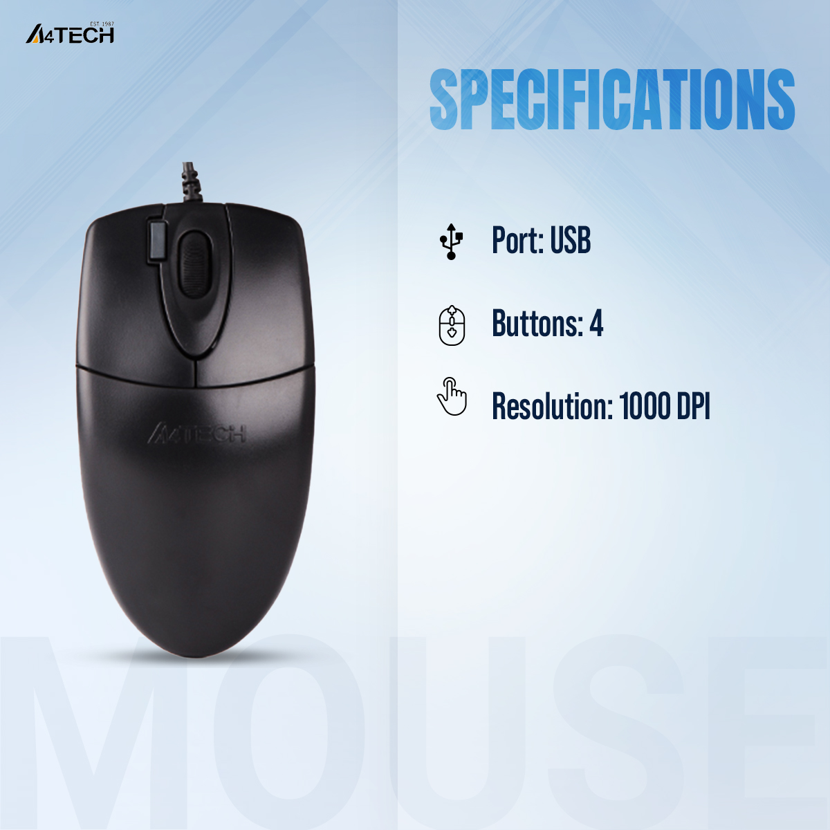 A4tech OP-620D Wired Optical Mouse - 2x Click Button - 1000 DPI - For PC/Laptop - Black. 
