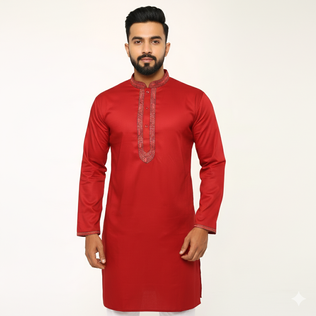 Red Color Embroidery Panjabi for Men | Premium Cotton Ethnic Kurta for Wedding, Eid & Festive Wear | Stylish Traditional Design with Fine Embroidered Work | Comfortable, Breathable & Regular Fit Panjabi for Party and Special Occasions