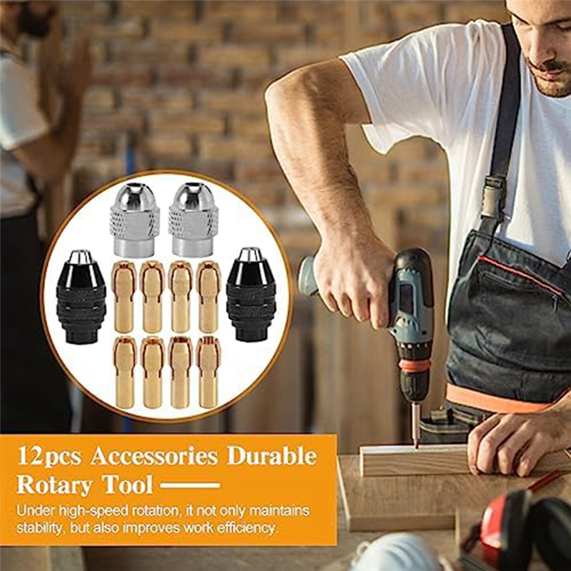 12 Piece 0.8-3.2mm Keyless Drill Chuck Collet Set 1/32 to 1/8In Replacement Metal Rotary Tool Sanding Drum 8 Sizes, Drill Tool Set. 