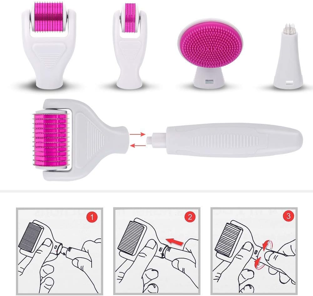 6 in 1 Derma Roller Kit for Face and Body, Titanium Microneedling Dermaroller Cosmetic Needling Instrument Microneedle with 5 Replaceable Heads. 