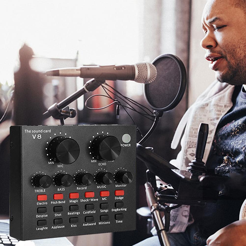V8 Multifunctional Live Sound Card USB Audio Interface Intelligent Volume Adjustable Audio Mixer Sound Card for Recording Hosting Speech. 