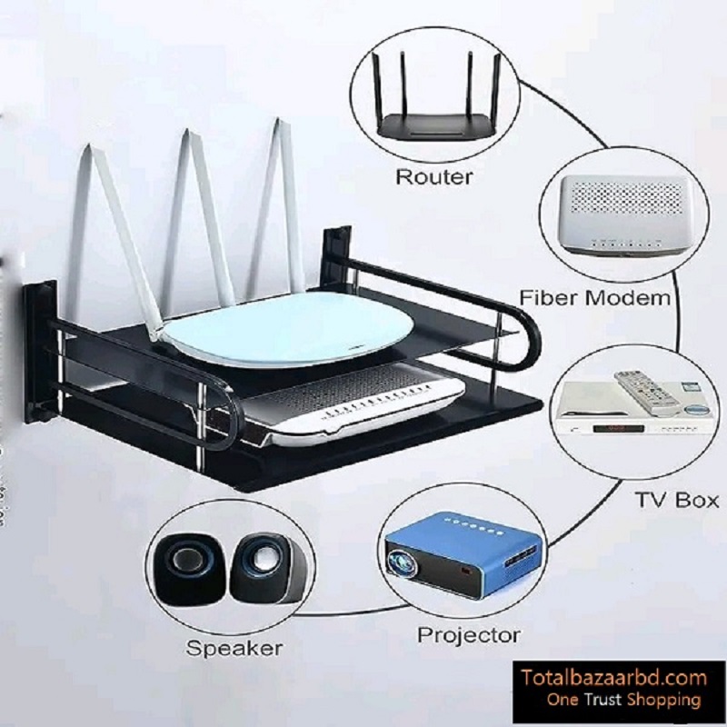 Double Layer Wall Mounted Iron Heated Black Metal WiFi Router Stand. 