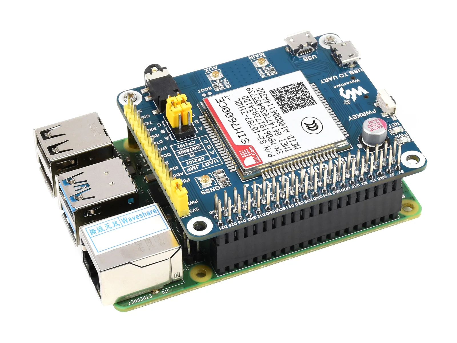 Waveshare SIM7600CE 4G HAT For Raspberry Pi, LTE Cat-4 4G / 3G / 2G Support, Positioning, For China. 