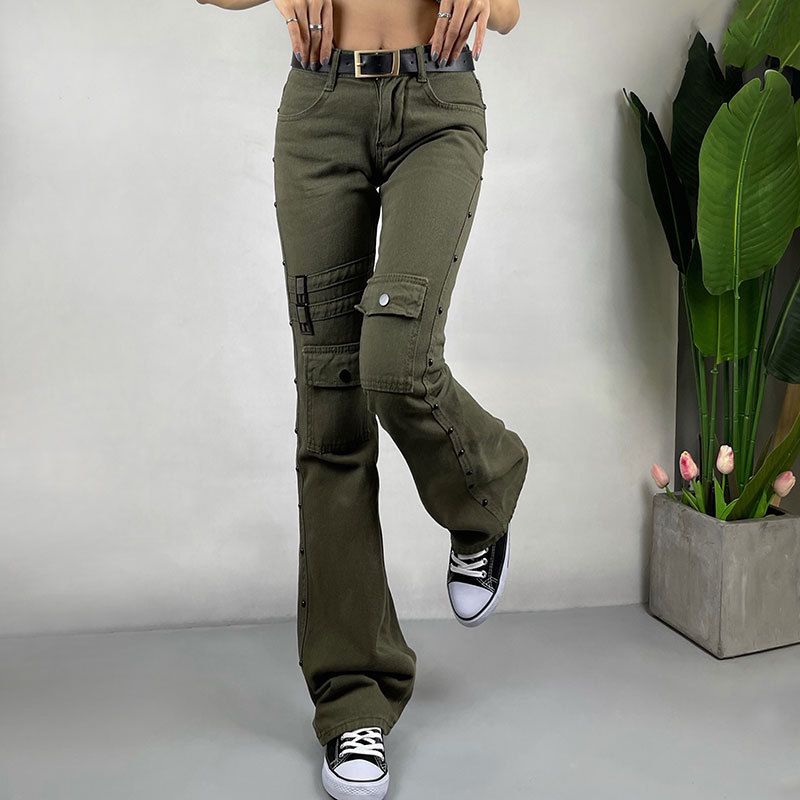 Flare Cargo Pants Y2k Mid Waist Women 