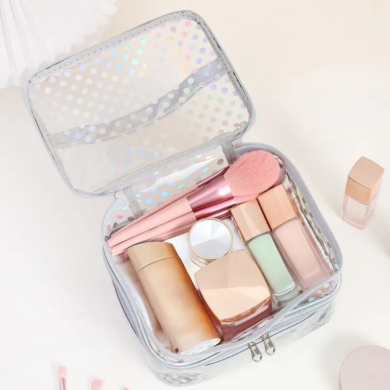 Polka dot transparent PVC double layer makeup bag Multi-functional portable waterproof makeup case large capacity travel storage. 