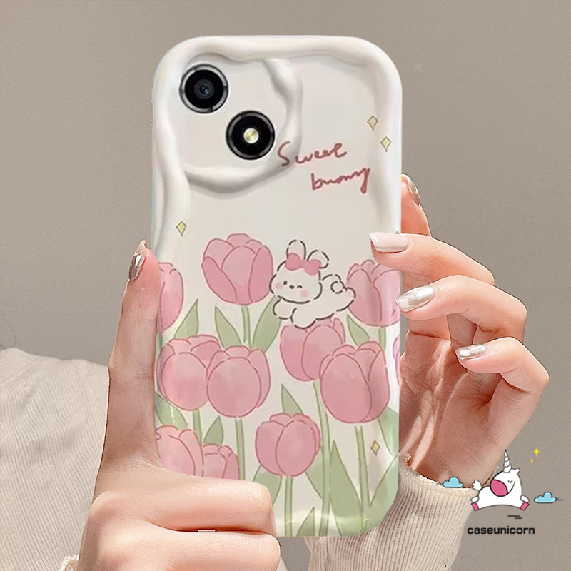 Fresh Tulip Phone Case Compatible For IPhone 11 14 13 12 Pro Max XR X XS Max 7 6 8 6s Plus SE 2020 Cute Sweet Bunny Flower Shockproof 3D Wavy Curved Edge Soft Cartoon Cover