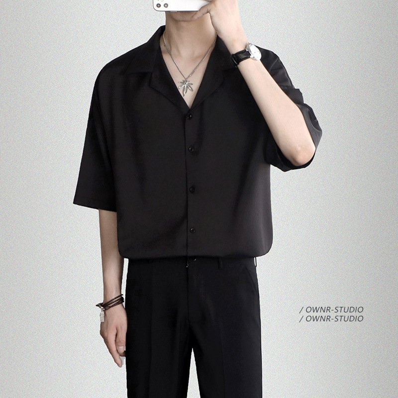 Ice silk shirt men's white short sleeve top summer thin korean style trend men's loose casual cuban collar shirt