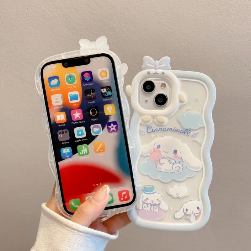 Sanrio Cartoon Cinnamoroll Bowknot Wave Monster Lens Holder Phone Case Iphone 11 12 13 14 Pro Max X Xs Xr 7 8 Plus Soft Case