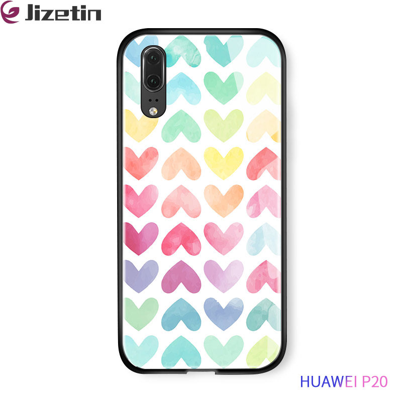 Jizetin for Huawei P20 Glass Back Cover Decorative Pattern Glossy Tempered Glass Shockproof Soft Edge Phone Cases