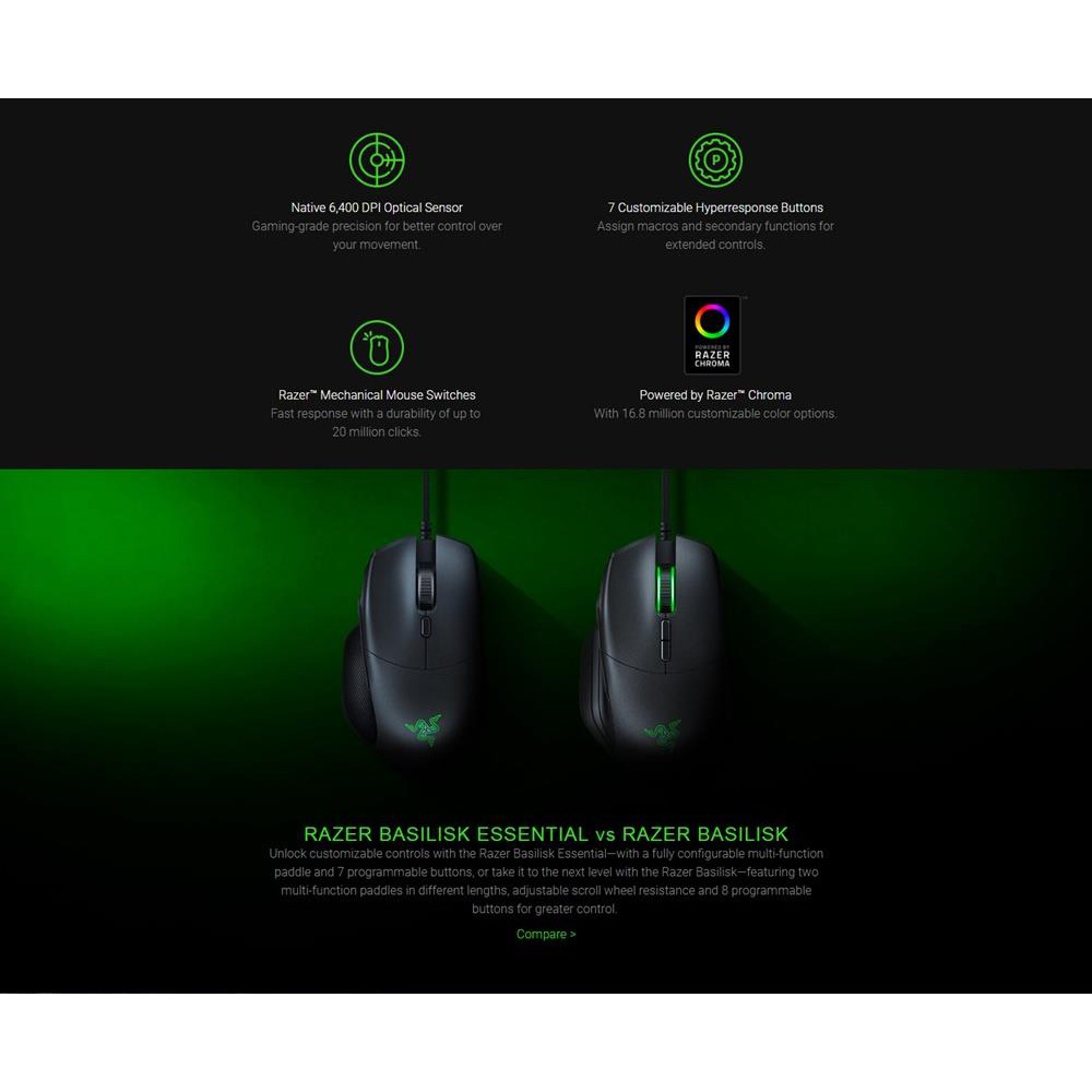 Razer Basilisk Essential Wired RGB Gaming Mouse 6400DPI Optical Sensor 8 Programmable Buttons Ergonomic Design. 