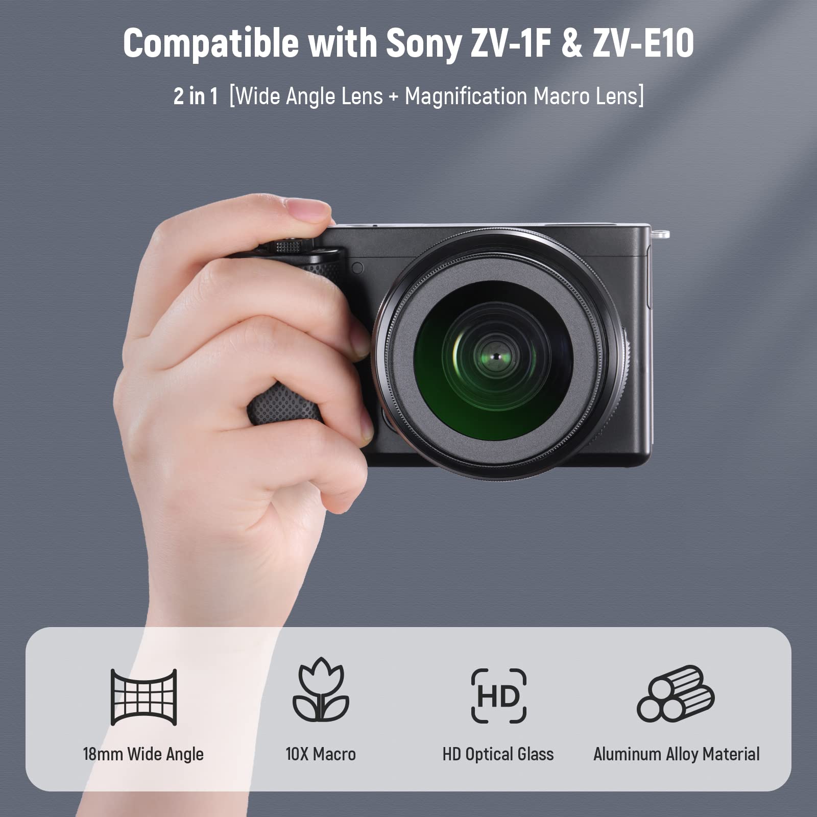 NEEWER 40.5mm HD Wide Angle Lens For Sony ZV-1F ZV-E10 A5000 A6000,2 in 1 18mm Wide Angle 10x Macro Additional Lens Adapter. 