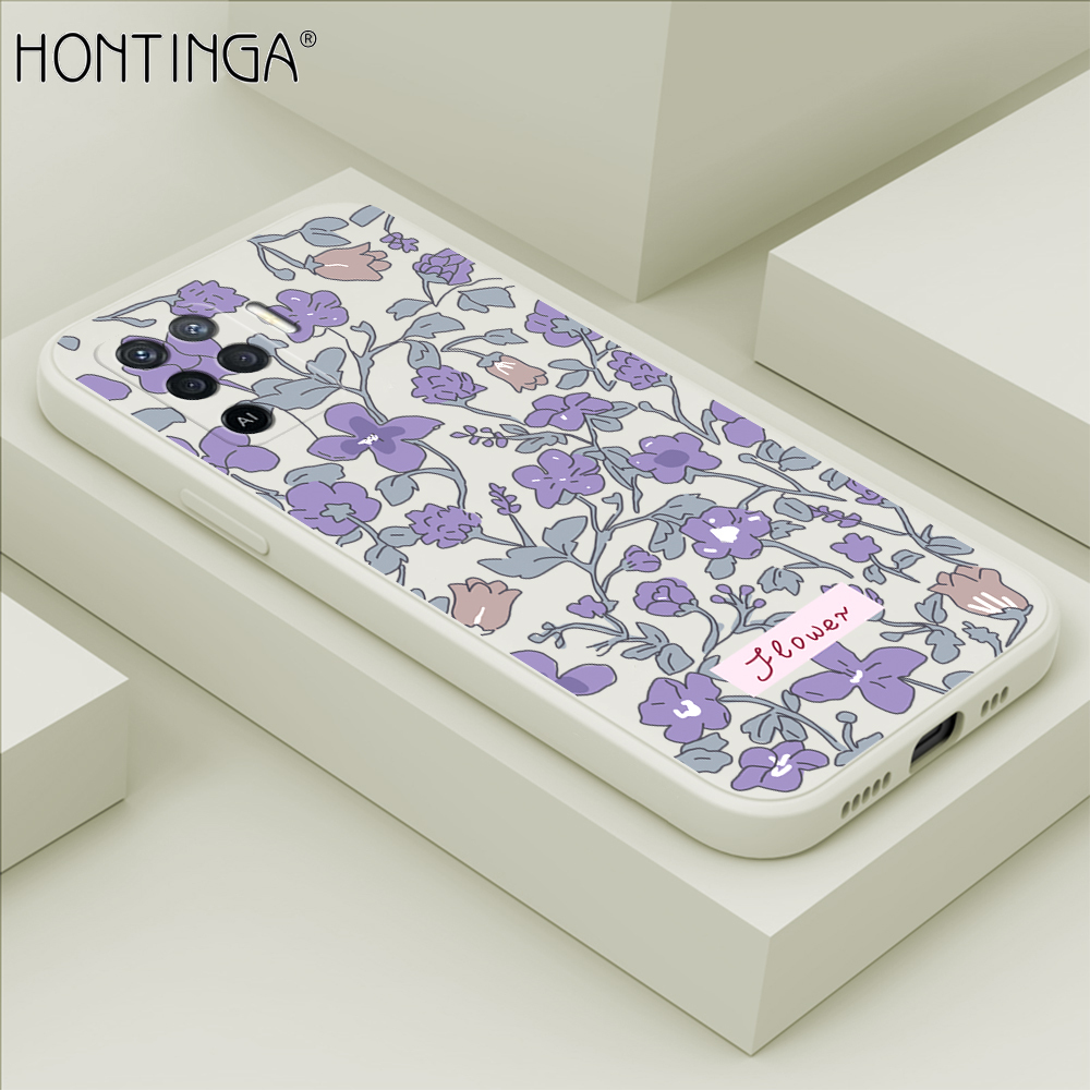Hontinga for OPPO F19 Pro / A94 / Reno 5F Back Cover Purple Flowers Square Edge Liquid Silicone Phone Case. 