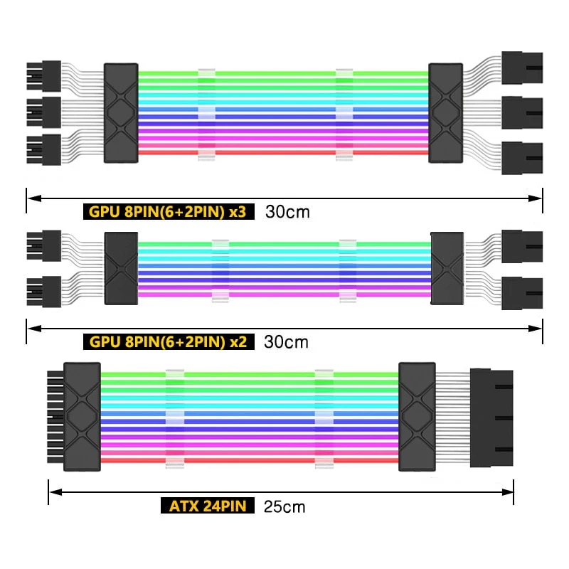 Jumpeak Computer 18AWG ARGB Sync PSU Power Supply Extension Cable Kit ATX 24PIN VGA GPU PCI-E 8PIN 6Pin RGB PC Module Cables. 