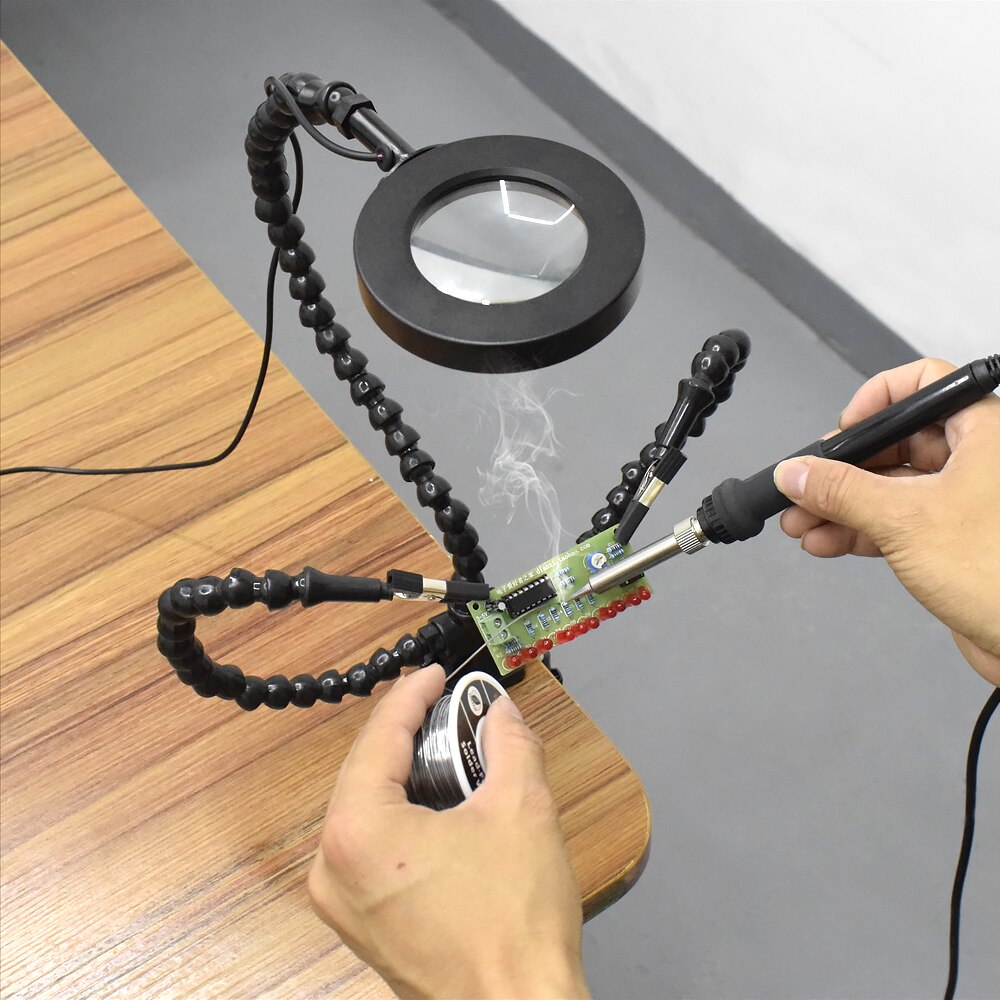 NEWACALOX Tabletop Clamp Base Helping Hands Soldering Third Hand Tool with 3X LED Illuminated Magnifying Glass PCB Board Holder. 