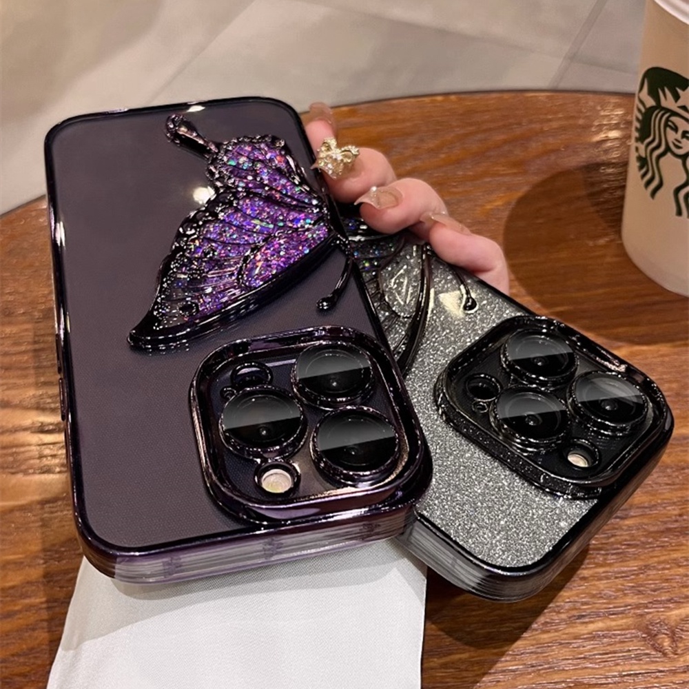 Gradient Glitter Butterfly Phone Case for IPhone 12 13 14 15 Pro Max Soft TPU Case with Camera Protector Shockproof Cover. 